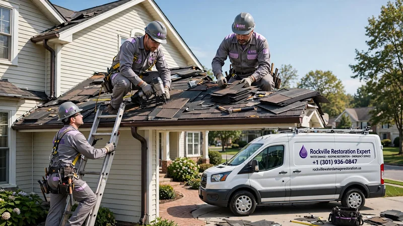 Roof leak crew working on shingles beside a service van