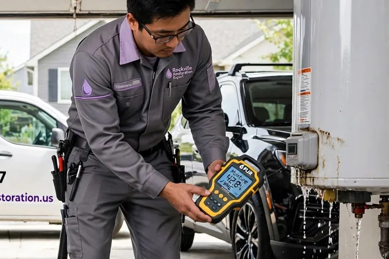 Technician reading a moisture meter for leak detection